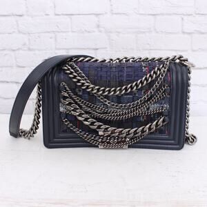 Chanel Paris-Dallas Enchained Boy Bag Navy Tweed Denim Crossbody Purse A4579